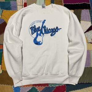 Vintage 90s Sweet Home Blue Chicago Guitar Music Graphic White Crewneck XL